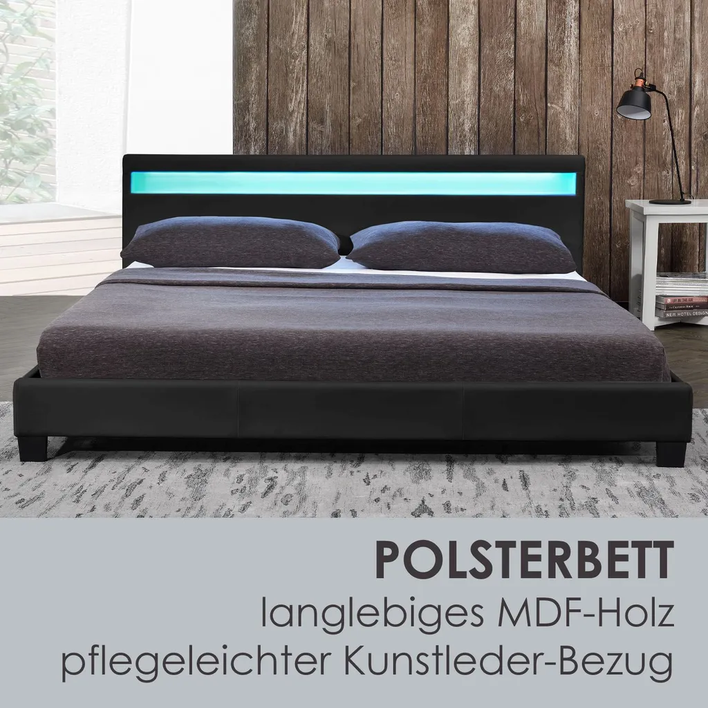 Juskys Polsterbett Paris 140 X 200 Cm Mit Matratze, Lattenrost, LED Beleuchtung & Kopfteil - Kunstleder & Holz - Bett Bettgestell Jugendbett - Schwarz – Bild 3