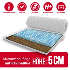 Topper 180x200 Cm Matratzenauflage Mit RavineBlue-Schaum Kokos Höhe Ca. 5 Cm H4 Mit Waschbarem Premium Bezug
