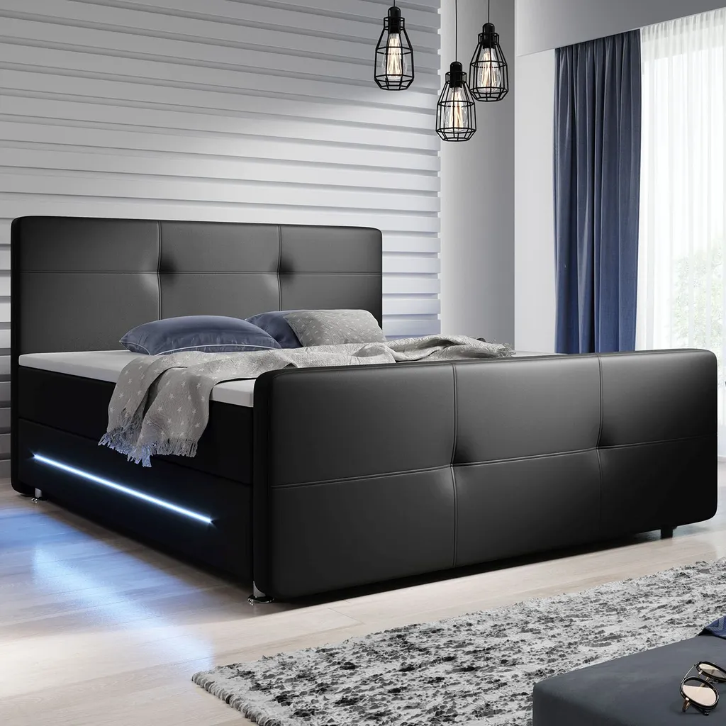 Juskys Boxspringbett Oakland 180 X 200 Cm – LED Beleuchtung, Bonell-Matratzen, Topper & Kunstleder – 58 Cm Komforthöhe – Schwarz – Bett Doppelbett – Bild 2