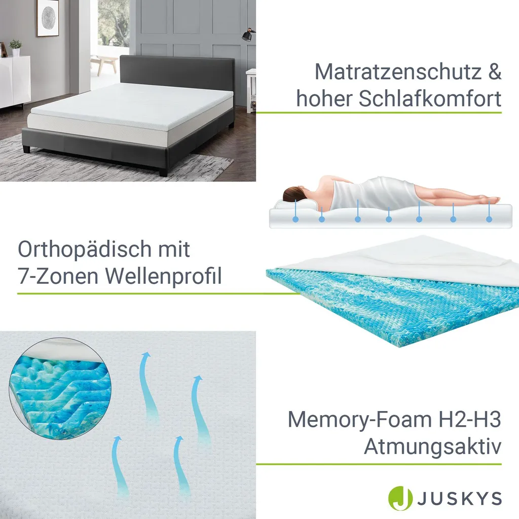 Juskys Topper 140x200 Cm Aus Memoryschaum, 7-Zonen Orthopädisch & Atmungsaktiv, 7cm Höhe, H2 - H3, Bezug Waschbar Matratzentopper Matratzenauflage – Bild 4