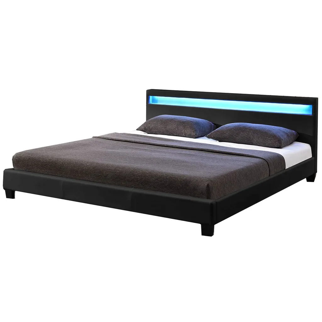 Juskys Polsterbett Paris 140 X 200 Cm Mit Matratze, Lattenrost, LED Beleuchtung & Kopfteil - Kunstleder & Holz - Bett Bettgestell Jugendbett - Schwarz – Bild 2