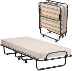 COSTWAY 80x190cm Gästebett Klappbar Mit Matratze, Klappbett Aus Stahl Bis 130kg Belastbar, Faltbett Tragbar Auf Rädern, Einzelbett Für Büro & Gästezimmer