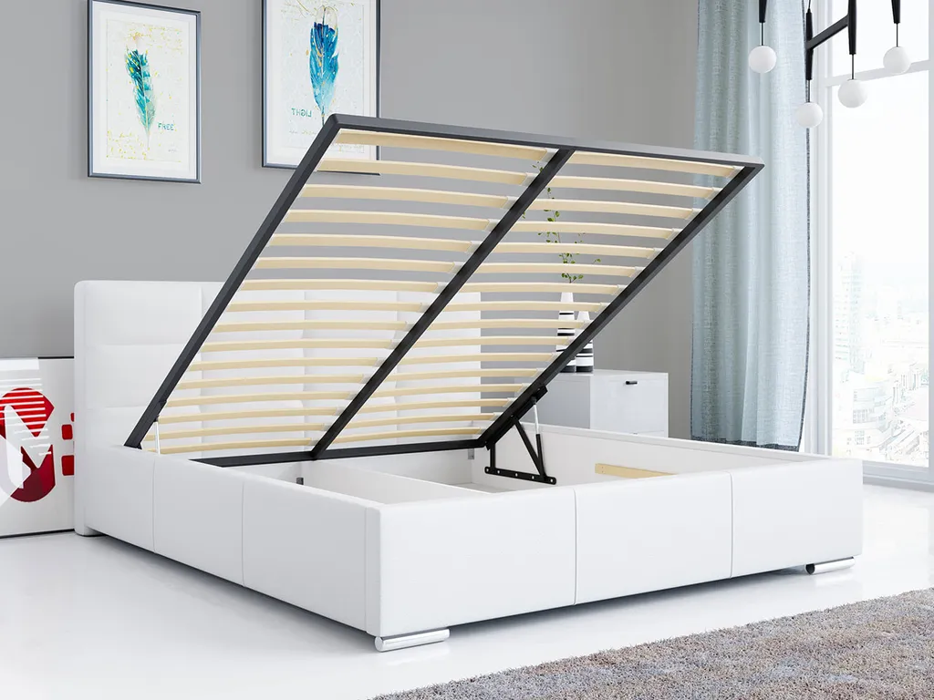 Polsterbett Mit Kopfteil - LAZIO Doppelbett Mit Bettkasten - Deko Bed Mit Lattenrost - 180x200 Cm Kunstleder Weiß – Bild 3