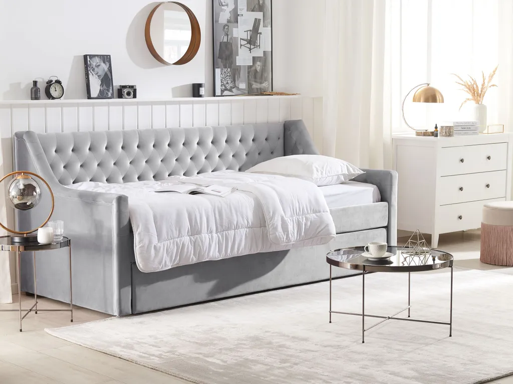 Tagesbett Grau Samtstoff 90 X 200 Cm Ausziehbar Mit Lattenrost Nieten Modern Glamour – Bild 3