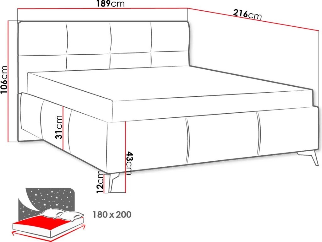 Mirjan24 Polsterbett Genua, Bett Mit Bettkasten, Polsterkopfteil, Gasdruckfeder Und Metallfüße (Farbe: Fresh 01, Größe: 180x200 Cm) – Bild 7