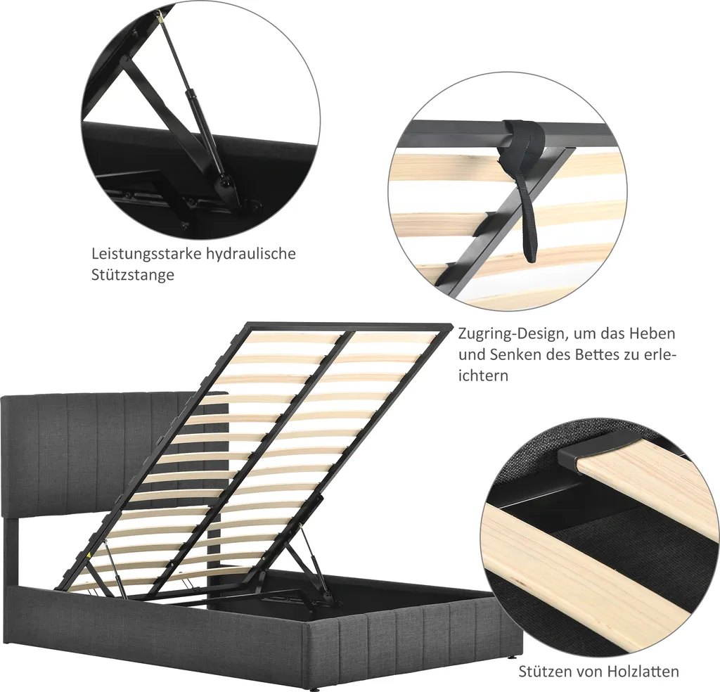 Merax Hydraulisches Boxspringbett 140x200cm Polsterbett Mit Bettkasten Und Lattenrost, Doppelbett Stauraumbett Aus Leinen, Grau – Bild 4
