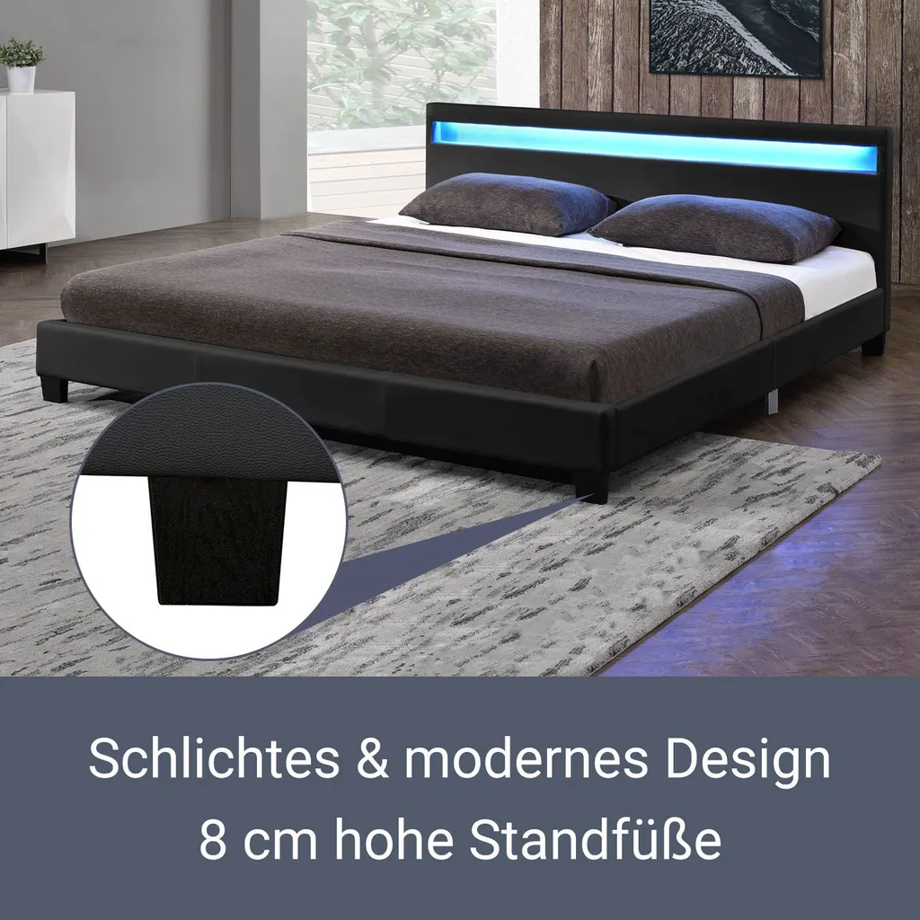 Juskys Polsterbett Paris 140 X 200 Cm Schwarz – Bettgestell Mit LED Beleuchtung, Lattenrost & Kopfteil – Kunstleder & Holz – Bett Jugendbett – Bild 6