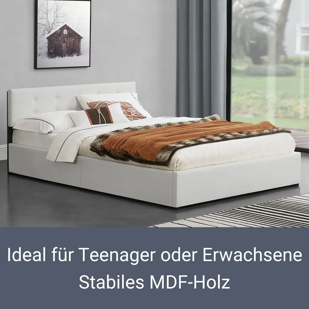 Juskys Polsterbett Marbella 140x200 Cm Mit Bettkasten & Lattenrost – Bettgestell Aus Kunstleder Und Holz – Bett Jugendbett Weiß – Bild 3