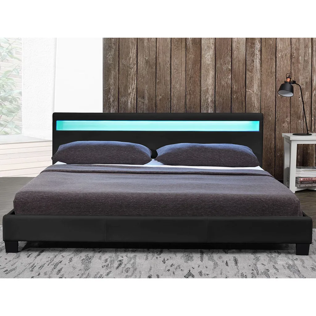 Juskys Polsterbett Paris 140 X 200 Cm Mit Matratze, Lattenrost, LED Beleuchtung & Kopfteil - Kunstleder & Holz - Bett Bettgestell Jugendbett - Schwarz – Bild 7