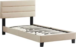 Polsterbett TUCSON 90x200 Cm In Beige, Modernes Jugendbett Inkl. Lattenrost, Einzelbett Im Skandinavischen Stil, Bequemes Gepolstertes Bett Mit Rückenlehne Und Kopfteil