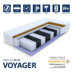 Matratze VOYAGER 180x200 Cm Taschenfederkern Kokos Höhe Ca. 24 Cm H2 H3 Premium Jersey Bezug