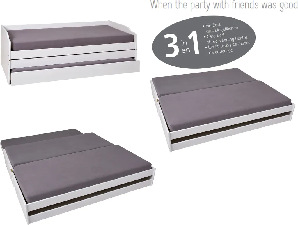 3 In 1 Funktionscouch Gästebett Mit 3 Liegeflächen Lotar Massivholz Weiss 90 X 200 Cm Inkl. 2 X Lattenrost – Bild 2