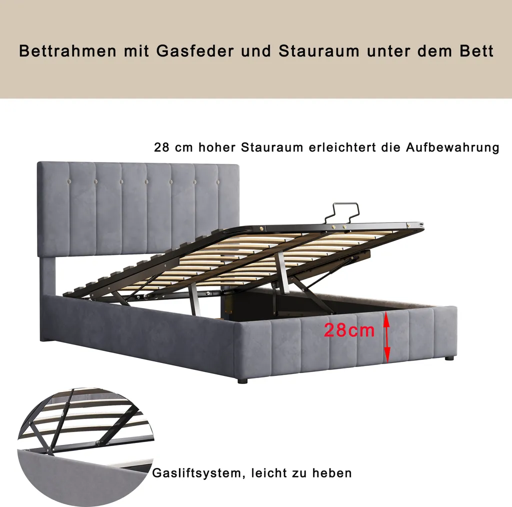 Polsterbett 140x200cm Bettgestell, Mit Polsterkopfteil Lattenrost Stauraum Bett Polsterbetten Doppelbett Holz Stauraumbett Erwachsenen Jugendbett, Grau Ohne Matratze – Bild 5
