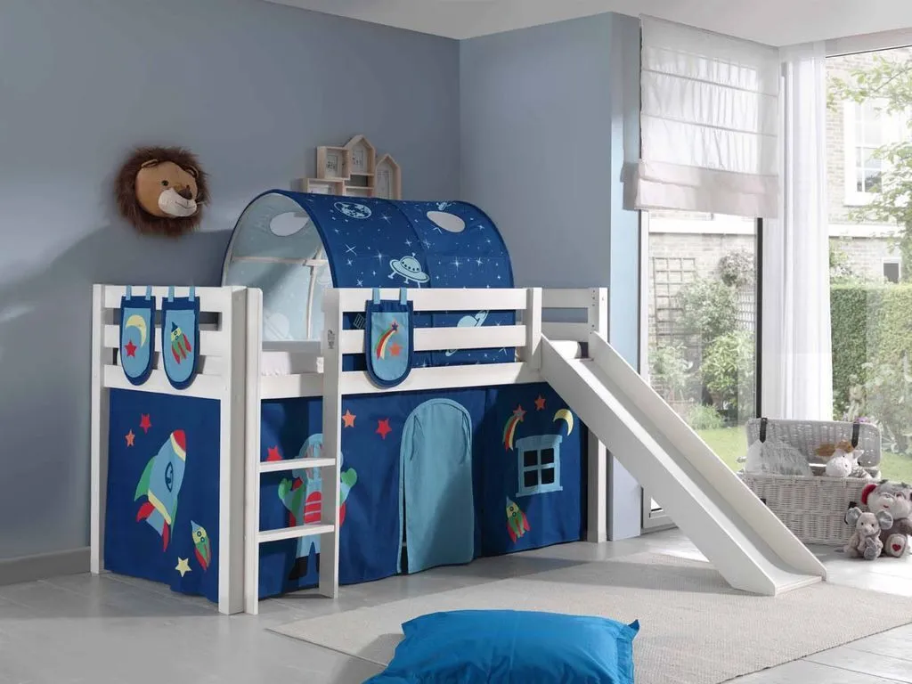 Vipack Spielbett Pino Inkl. Rutsche, Liegefläche 90x200 Cm Mit Textilset Vorhang, Tunnel Und 3 Taschen "Astro" – Bild 2