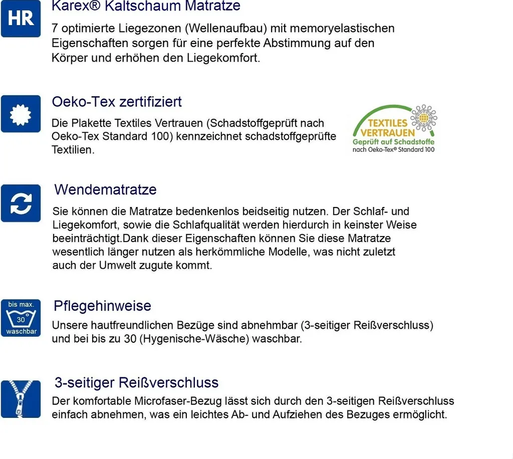 Kaltschaum Matratze 90 X 200 14cm Karex® Elegant H3 H4 Schaummatratze Orthopädisch Bezug Mit Reißverschluss 7 Zonen – Bild 4