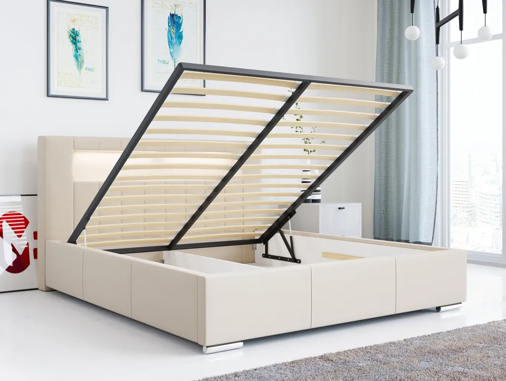 Polsterbett Mit Kopfteil - GOLD5 Mit LED Doppelbett Mit Bettkasten - Deko Bed Mit Lattenrost - 180x200 Cm Casablanka Creme – Bild 3