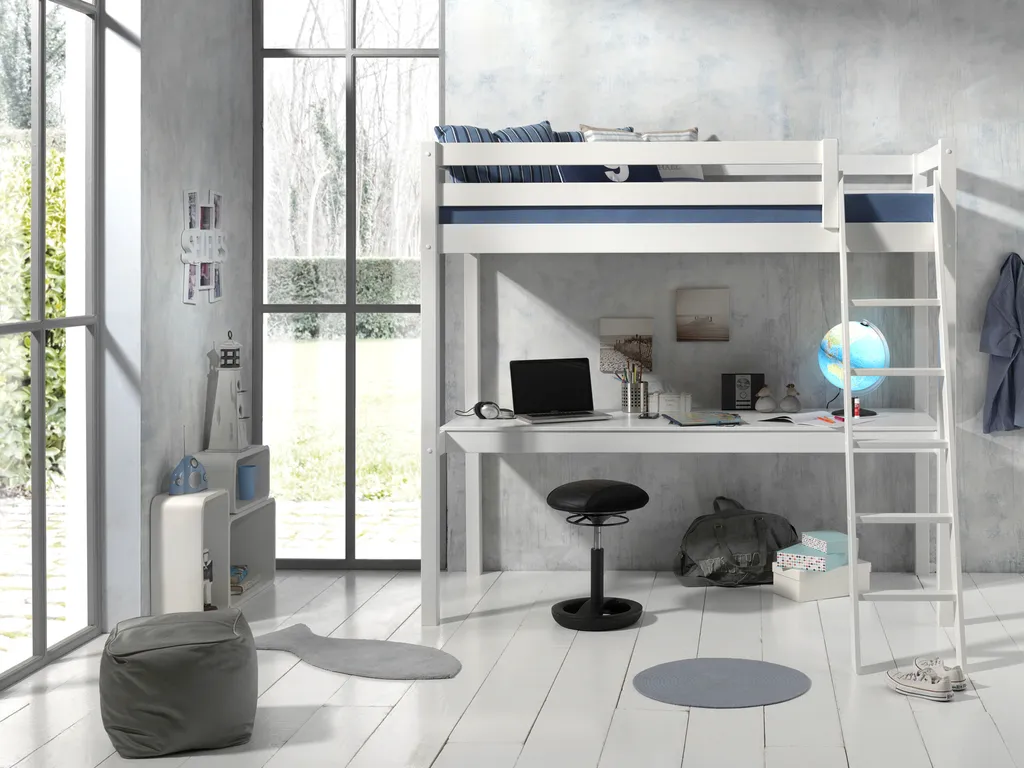 Vipack Hochbett Mit Liegefläche 90 X 200 Cm Und Großer Schreibtischplatte, Ausf. Weiß Lackiert – Bild 2