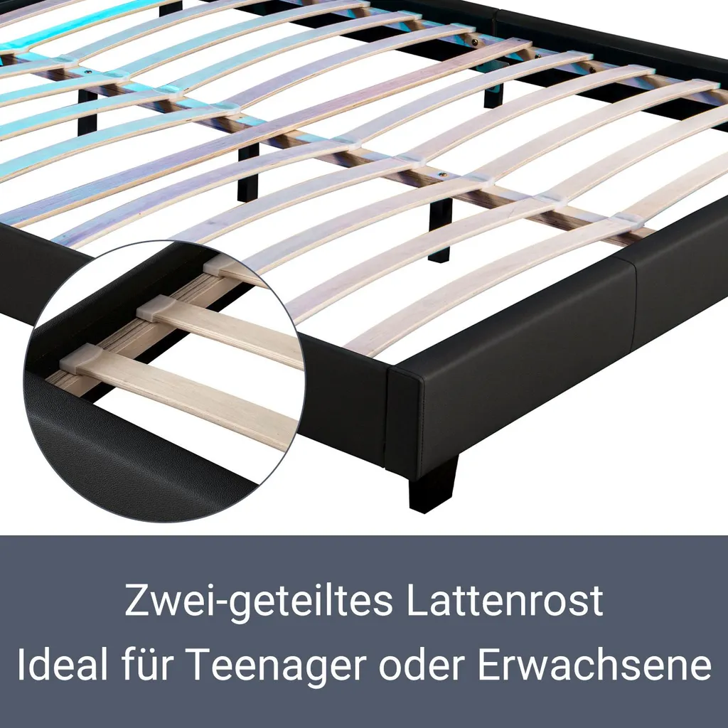 Juskys Polsterbett Paris 140 X 200 Cm Schwarz – Bettgestell Mit LED Beleuchtung, Lattenrost & Kopfteil – Kunstleder & Holz – Bett Jugendbett – Bild 4