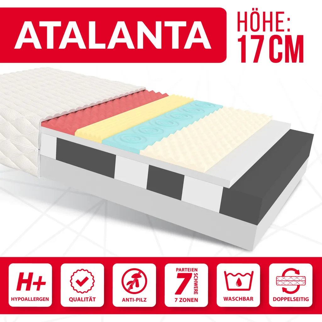 Matratze 80x200 Cm ATALANTA 7 Zonen H2 H3 Taschenfederkern Kaltschaum HR-Schaum Höhe Ca. 17 Cm Mit Waschbarem Bezug Premium Jersey