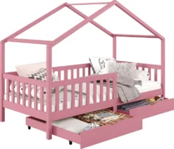 Hausbett ELEA Aus Massiver Kiefer, Kinderbett Mit Rausfallschutz 90x200cm, Spielbett Mit Dach In Rosa