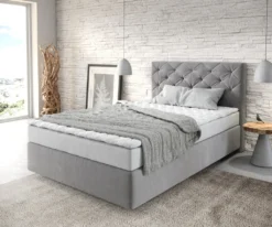DELIFE Boxspringbett Dream-Great 120x200 Cm Mikrofaser Grau Mit Matratze Und Topper