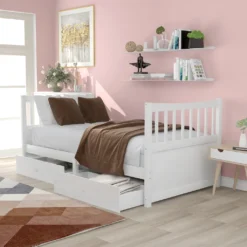 Merax Kinderbett 90x200cm Jugendbett Mit Schubladen, Kopfteil Und Fußteil, Einzelbett Kiefer Bettrahmen Massiv Gästebett, Weiß