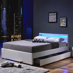 HOME DELUXE - LED Bett NUBE Mit Schubladen 140 X 200 Weiß Polsterbett Bett Inkl. Lattenrost