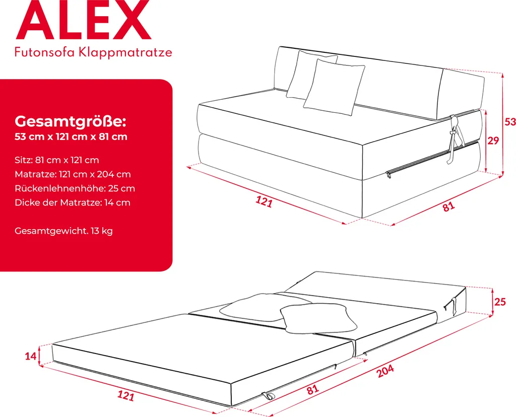 Klappmatratze 120x200 Cm Futonsofa Kaltschaum Polyurethan Höhe Ca. 14 Cm Microfibre Graphitgrau – Bild 4