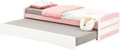 Ausziehbett LORENA In 90 X 190 Cm, Schönes Kinderbett Aus Kiefer Massiv In Weiß/rosa, Praktisches Jugendbett Mit Auszugskasten