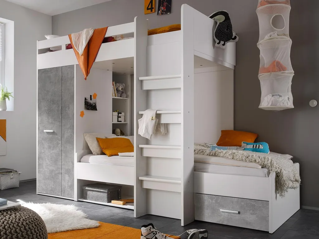 Etagenbett Kinderbett Hochbett Stockbett Funktionsbett Jugendbett Bett "Mimi I" Weiß / Beton