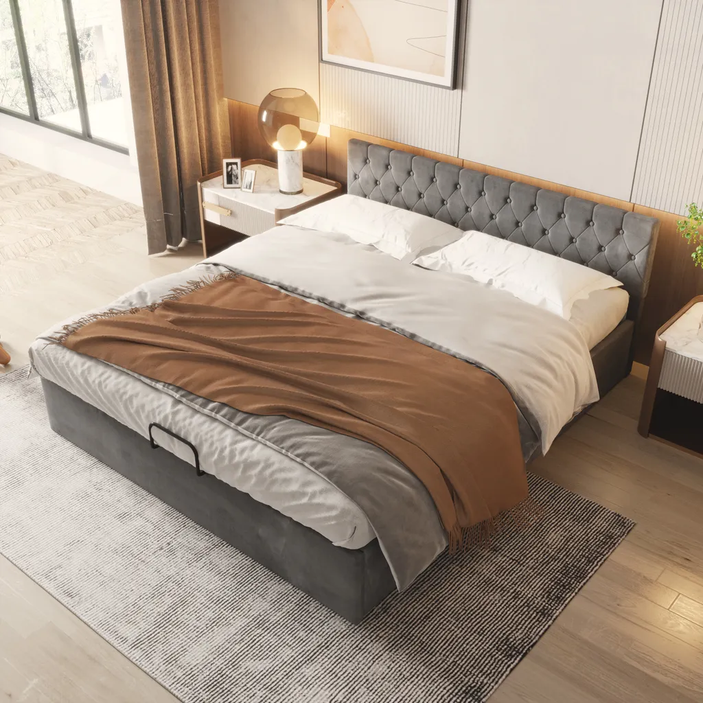 Polsterbett 180x200cm Bettgestell, Mit Lattenrost Rückenlehne Stauraum Bett Polsterbetten Holz Stauraumbett Doppelbett Erwachsenen Jugendbett, Grau Ohne Matratze – Bild 2