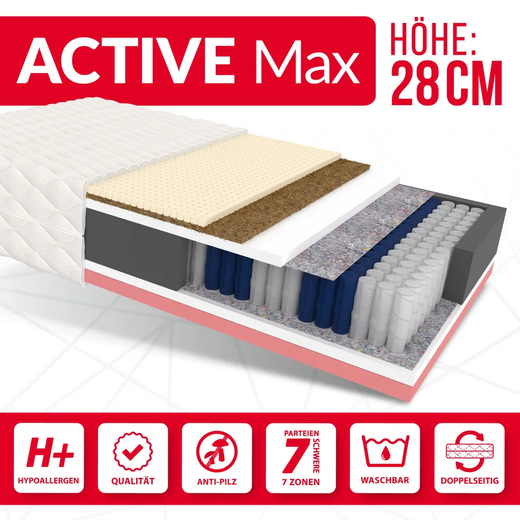 Matratze 160x200 Cm ACTIVE MAX 7 Zonen H3 Taschenfederkern Visco Memory Schaum Latex Kokos Höhe Ca. 28 Cm Waschbaren Bezug Matratzenbezug Premium Jersey
