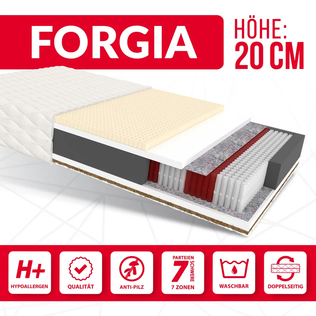 Matratze 140x200 Cm FORGIA 7 Zonen H3 H5 Multipocket Polyurethanschaum Latex Kokos Höhe Ca. 20 Cm Mit Waschbarem Bezug Premium Jersey