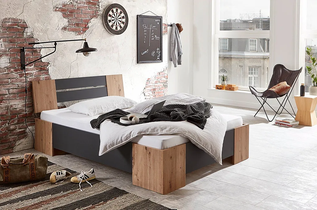 Futonbett Bett LINZ 140 X 200 In Artisan Eiche / Anthrazit Inkl. Rollrost