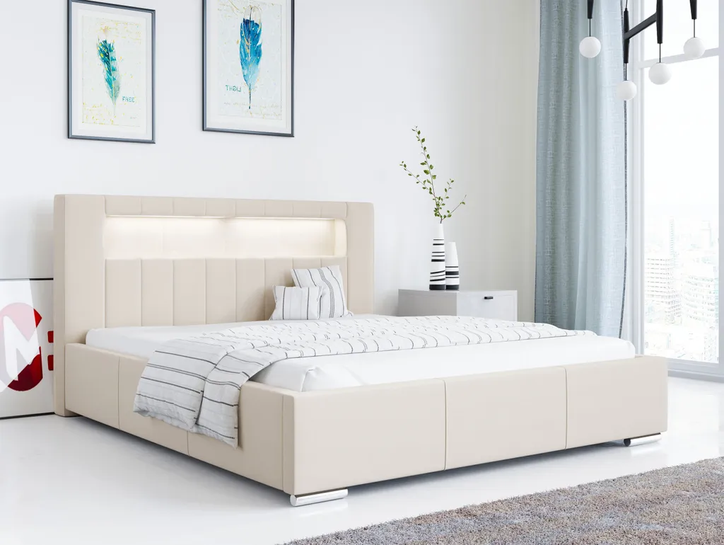Polsterbett Mit Kopfteil - GOLD5 Mit LED Doppelbett Mit Bettkasten - Deko Bed Mit Lattenrost - 180x200 Cm Casablanka Creme