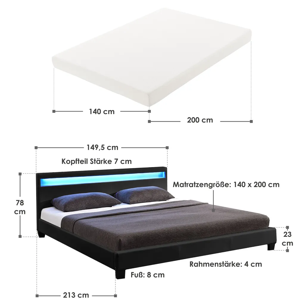 Juskys Polsterbett Paris 140 X 200 Cm Mit Matratze, Lattenrost, LED Beleuchtung & Kopfteil - Kunstleder & Holz - Bett Bettgestell Jugendbett - Schwarz – Bild 12