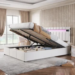 Merax Hydraulisches Boxspringbett 140x200cm Polsterbett Mit LED-Beleuchtung, Bluetooth-Player Und USB-Aufladung, Samt Doppelbett Mit Bettkasten Und Lattenrost, Beige