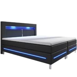 Juskys Boxspringbett Norfolk 180 X 200 Cm – LED Beleuchtung, Bonell-Matratzen, Topper & Kunstleder – 66 Cm Komforthöhe – Schwarz – Bett Doppelbett