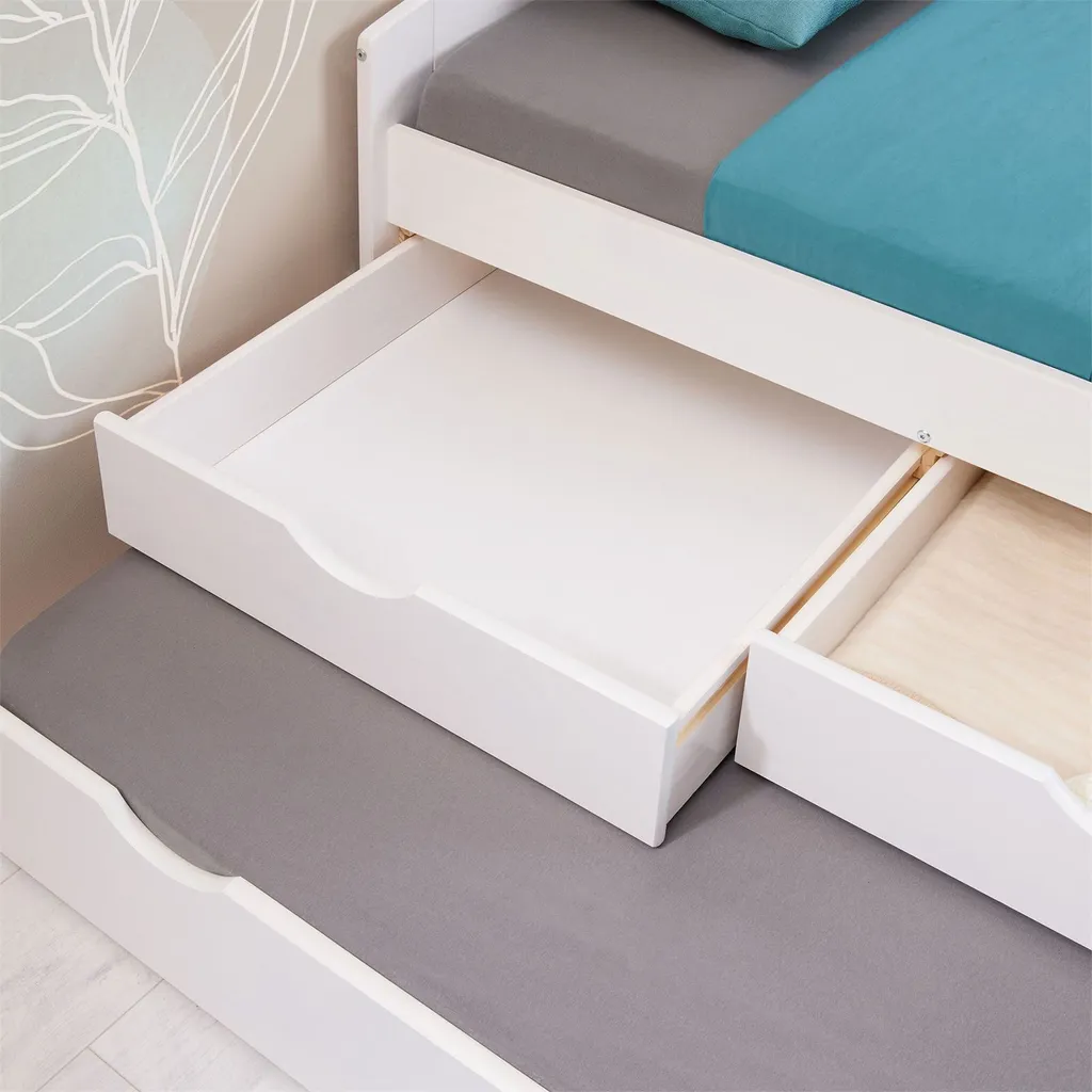 Bett Mit Stauraum JESSY Aus Massiver Kiefer Weiß, Schönes Jugendbett Mit 3 Schubladen, Praktisches Funktionsbett Mit Auszugbett, Gemütliches Bett In 90 X 190 Cm – Bild 4