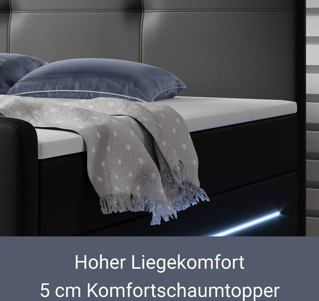 Juskys Boxspringbett Oakland 180 X 200 Cm – LED Beleuchtung, Bonell-Matratzen, Topper & Kunstleder – 58 Cm Komforthöhe – Schwarz – Bett Doppelbett – Bild 5