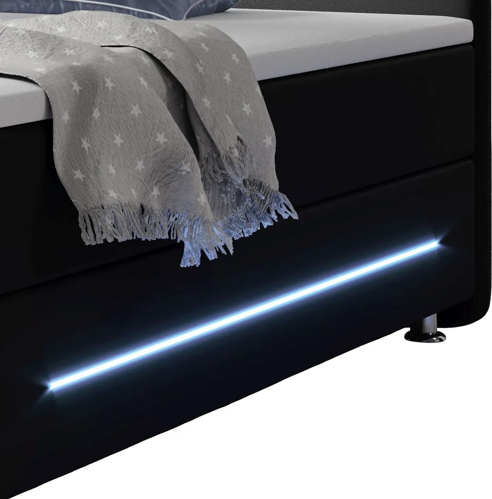 Juskys Boxspringbett Oakland 180 X 200 Cm – LED Beleuchtung, Bonell-Matratzen, Topper & Kunstleder – 58 Cm Komforthöhe – Schwarz – Bett Doppelbett – Bild 9