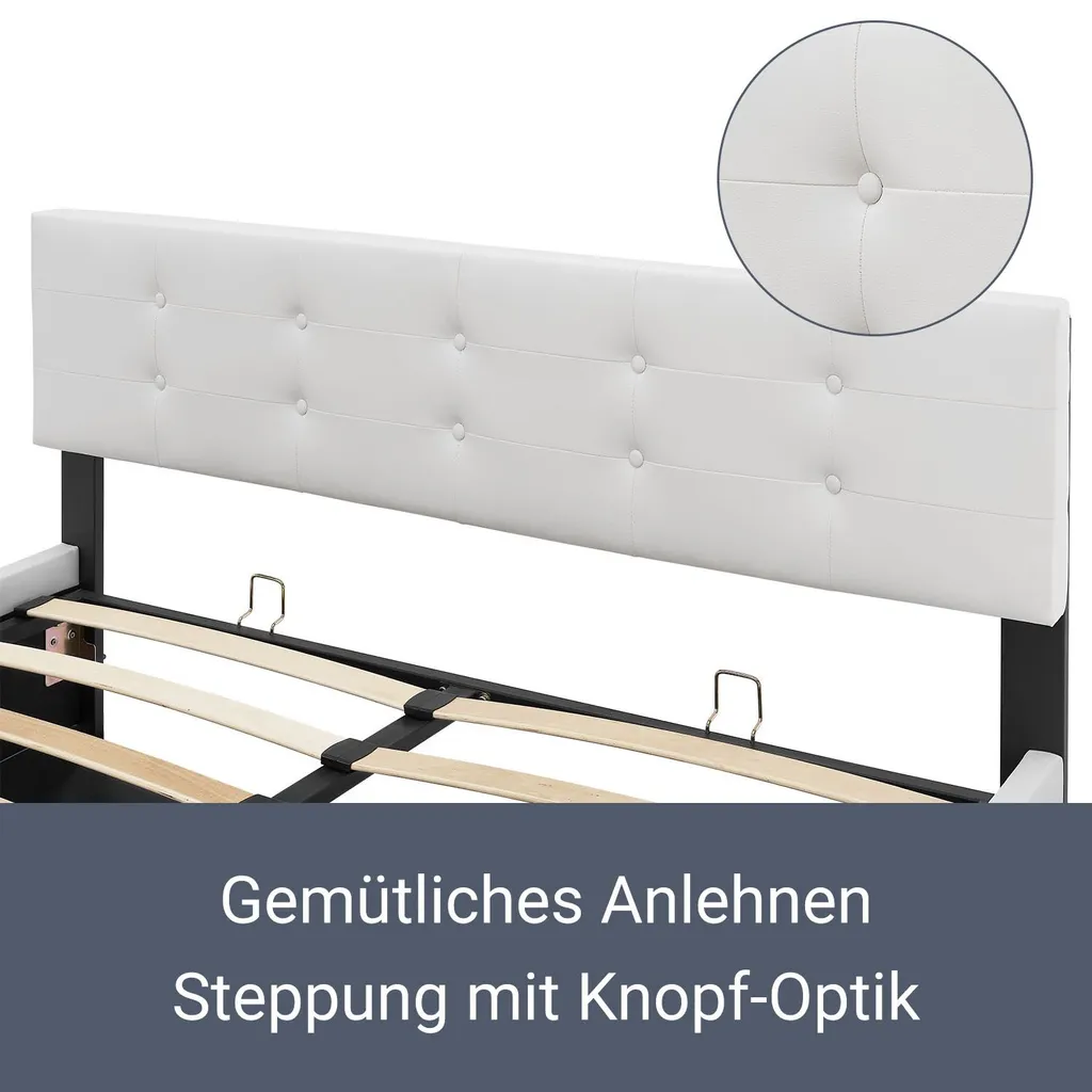 Juskys Polsterbett Marbella 140x200 Cm Mit Bettkasten & Lattenrost – Bettgestell Aus Kunstleder Und Holz – Bett Jugendbett Weiß – Bild 6