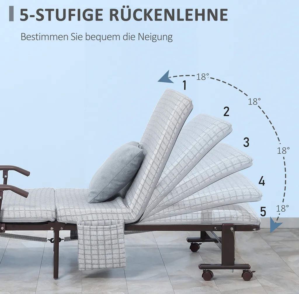 HOMCOM Klappbett Gästebett Mit Rollen Sessel Mit 5-stufig Verstellbarer Rückenlehne Reisebett Stahlrahmen Hellgrau+Schwarz 190 X 76 X 33 Cm – Bild 6