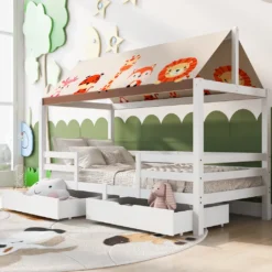 Merax Kinderbett 90x200cm Hausbett Mit Rausfallschutz Und Stoffzeltaufsatz, Bettkasten & Lattenrost, Holz Bett Für Kinder Weiß Mit Dach, Kinderhaus Für Jungen & Mädchen