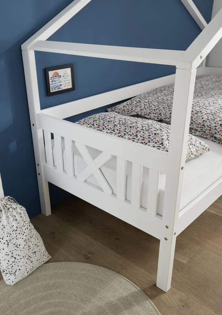 Kinderbett Emma Mit Dach / Himmelvorrichtung 90*200 Kiefer Massiv Weiß Jugendzimmer Liege Massivholz Spiel Hausbett – Bild 3