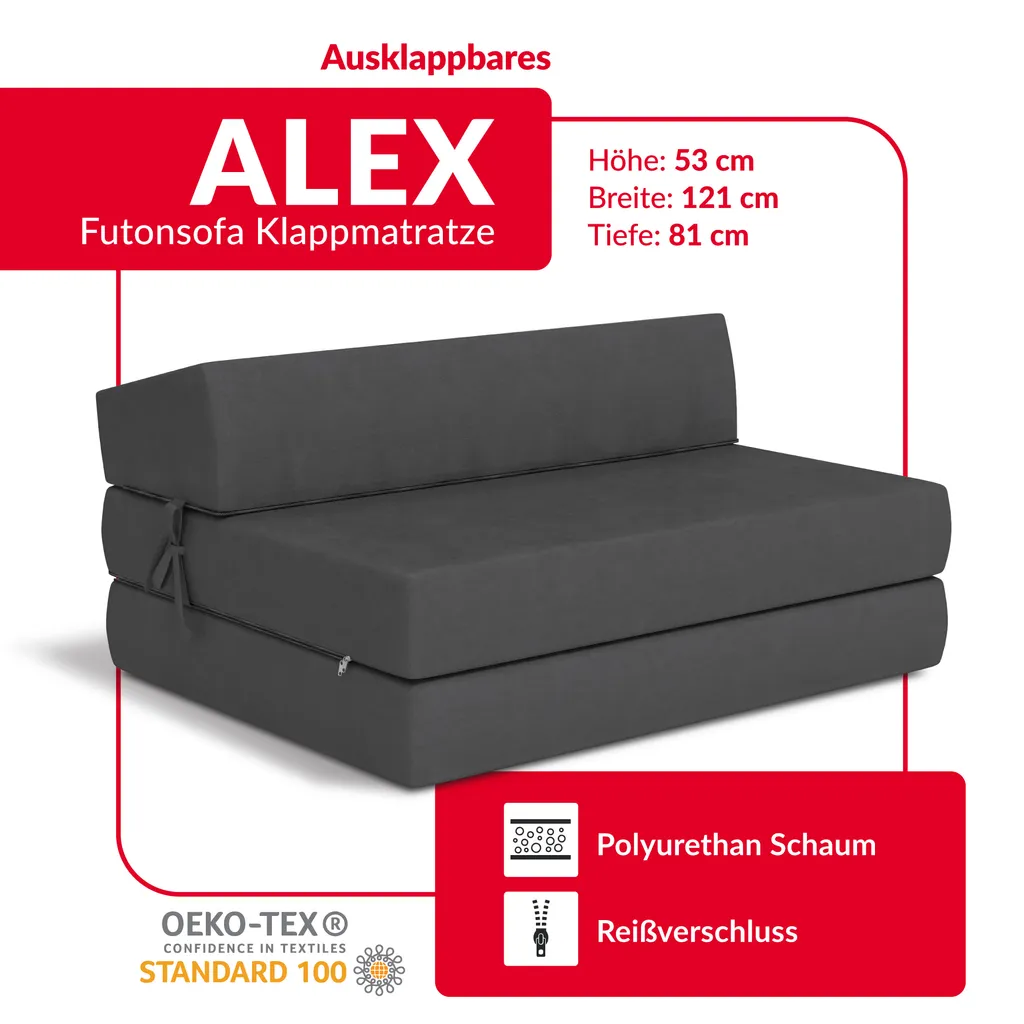 Klappmatratze 120x200 Cm Futonsofa Kaltschaum Polyurethan Höhe Ca. 14 Cm Microfibre Graphitgrau – Bild 3