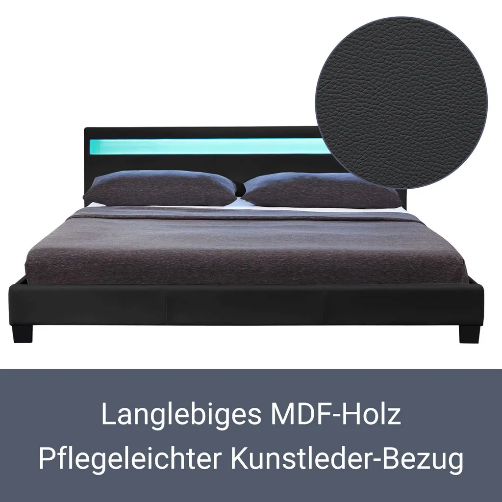 Juskys Polsterbett Paris 140 X 200 Cm Schwarz – Bettgestell Mit LED Beleuchtung, Lattenrost & Kopfteil – Kunstleder & Holz – Bett Jugendbett – Bild 3