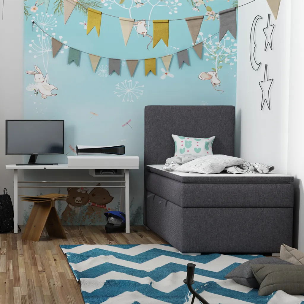 Selsey - Einzel-Boxspringbett MECHICO 90x200 Cm Mit Stoffbezug In Dunkelgrau Und Bettkasten Rechts