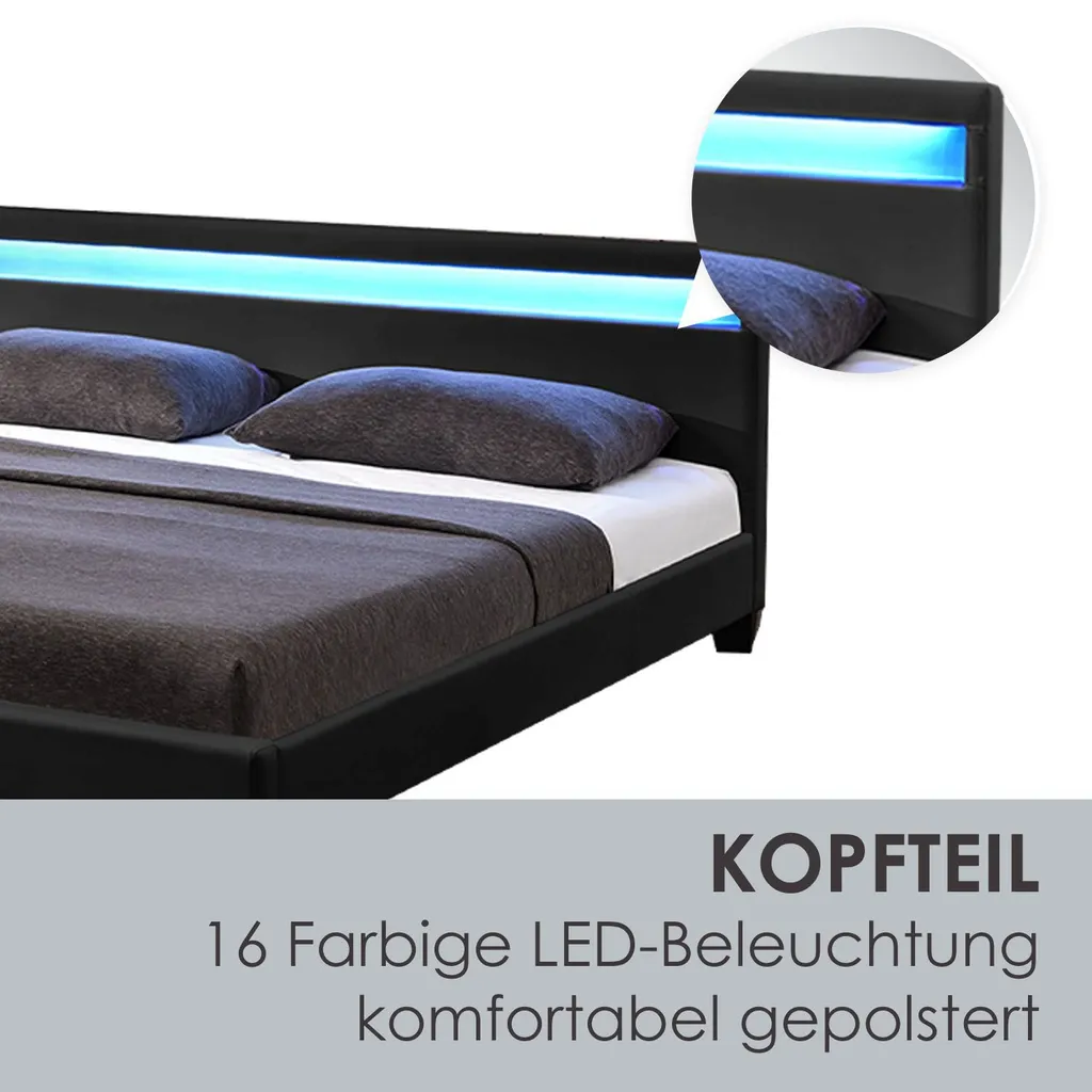 Juskys Polsterbett Paris 140 X 200 Cm Mit Matratze, Lattenrost, LED Beleuchtung & Kopfteil - Kunstleder & Holz - Bett Bettgestell Jugendbett - Schwarz – Bild 5
