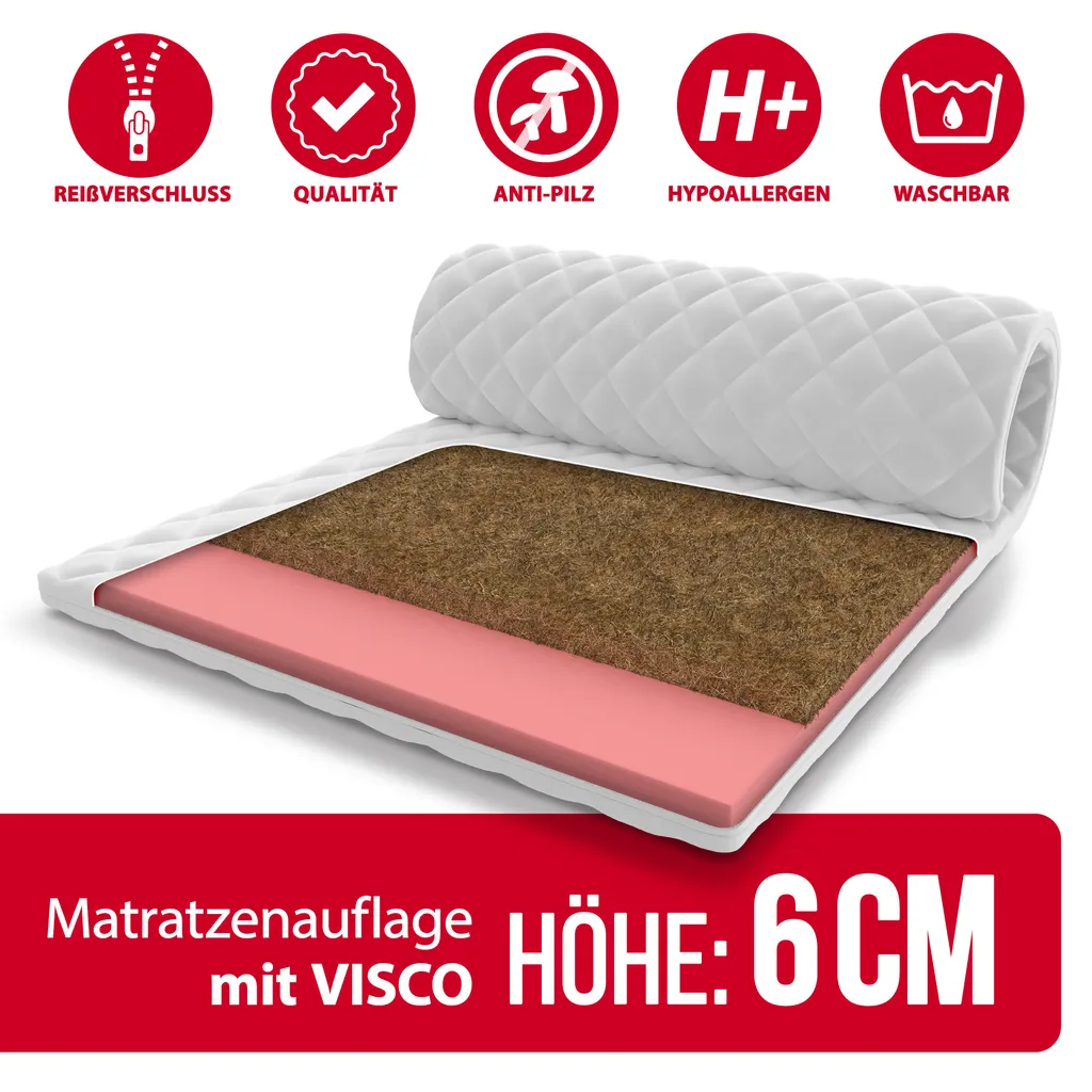 Topper 180 X 200 Cm Matratzenauflage Mit Kokos Visco-Schaum 7 Zonen Höhe Ca 6 Cm H2 H4 Mit Waschbarem Premium Bezug